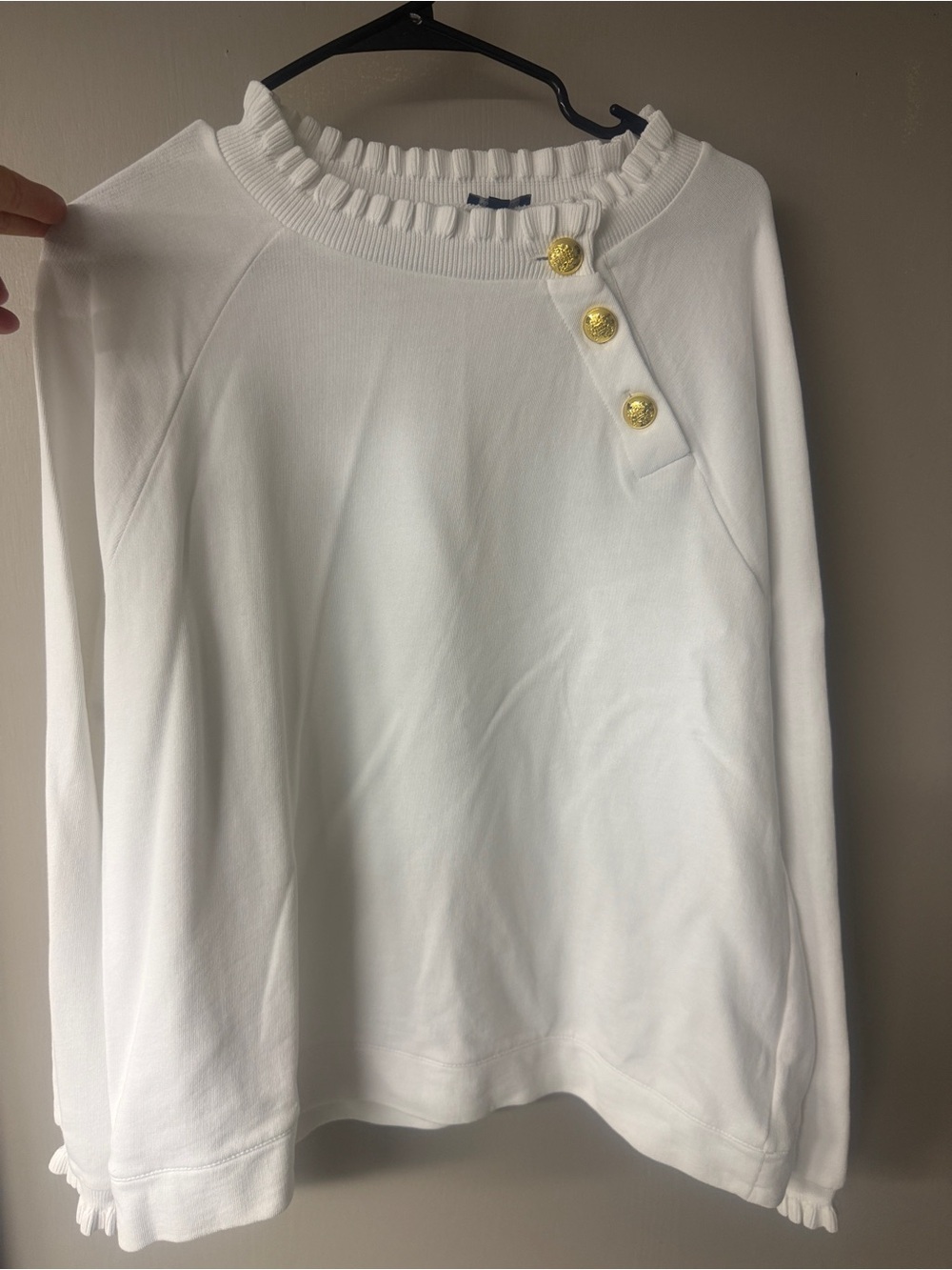 Talbots White Ruffled Neck Sweatshirt with Gold Buttons